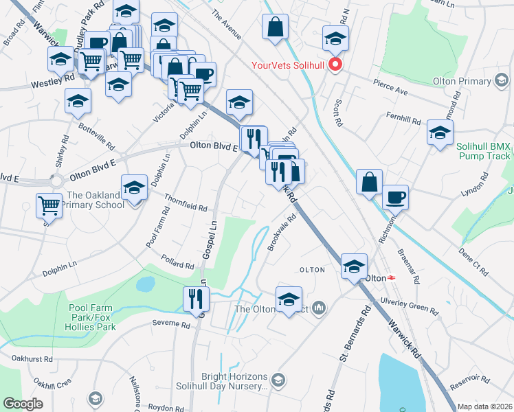 map of restaurants, bars, coffee shops, grocery stores, and more near Osprey Road in West Midlands