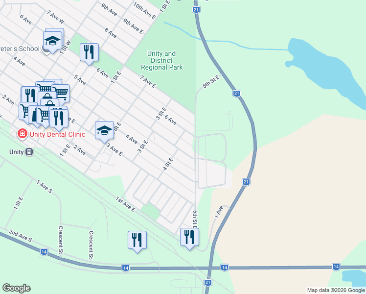 map of restaurants, bars, coffee shops, grocery stores, and more near 525 5 Avenue in Unity