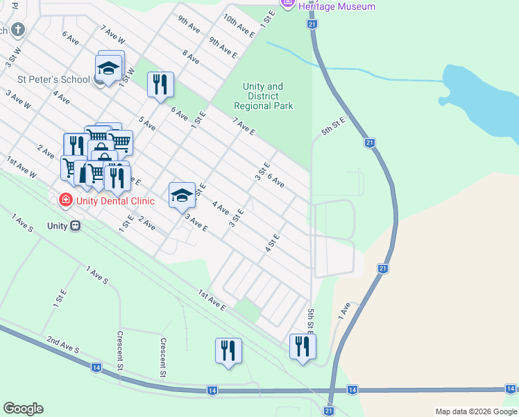 map of restaurants, bars, coffee shops, grocery stores, and more near 426 5 Avenue in Unity
