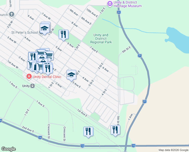 map of restaurants, bars, coffee shops, grocery stores, and more near 426 5 Avenue in Unity