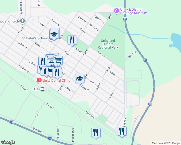map of restaurants, bars, coffee shops, grocery stores, and more near 300 2 Street East in Unity