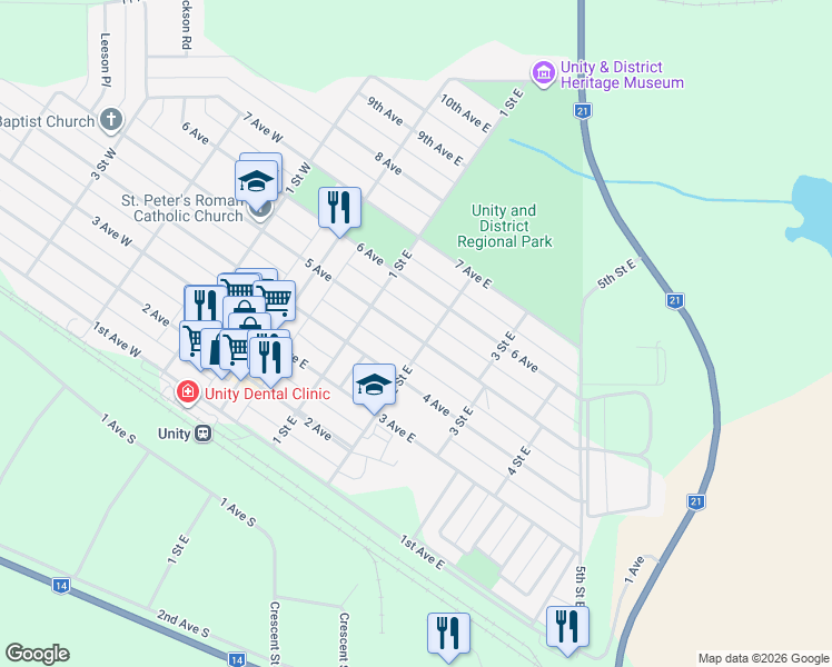 map of restaurants, bars, coffee shops, grocery stores, and more near 300 2 Street East in Unity