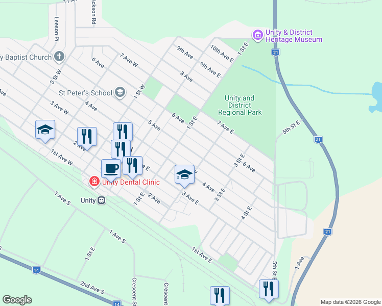 map of restaurants, bars, coffee shops, grocery stores, and more near 300 2 Street East in Unity