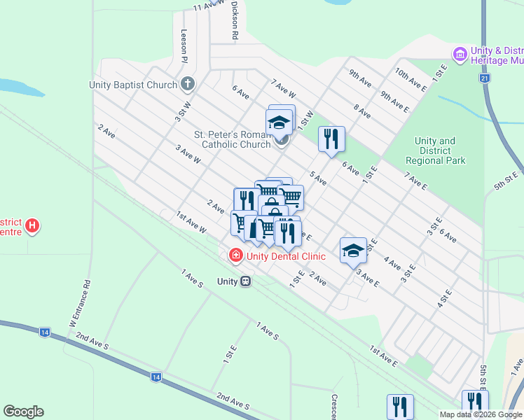map of restaurants, bars, coffee shops, grocery stores, and more near 193 3 Avenue West in Unity
