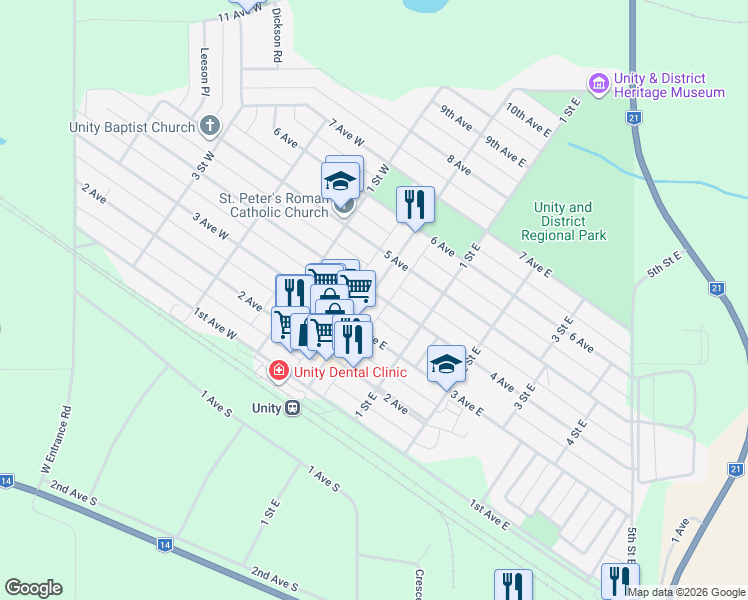 map of restaurants, bars, coffee shops, grocery stores, and more near 520 Main Street in Unity