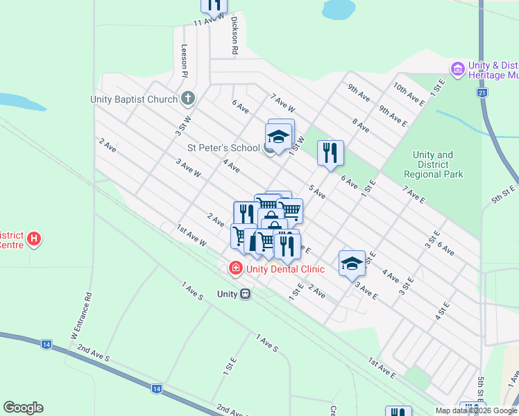 map of restaurants, bars, coffee shops, grocery stores, and more near 193 3 Avenue West in Unity