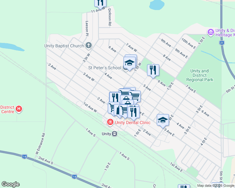 map of restaurants, bars, coffee shops, grocery stores, and more near 193 3 Avenue West in Unity
