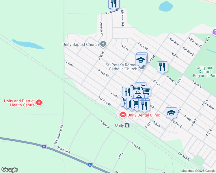 map of restaurants, bars, coffee shops, grocery stores, and more near 281 2 Avenue in Unity