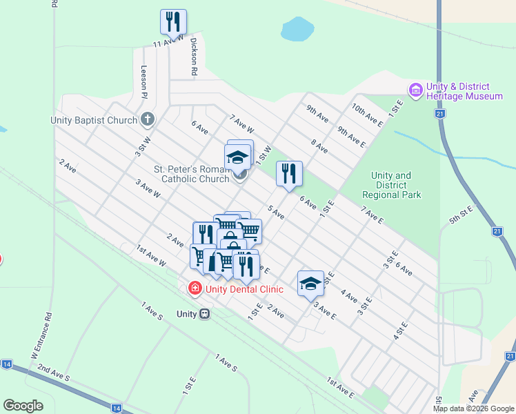 map of restaurants, bars, coffee shops, grocery stores, and more near 520 Main Street in Unity