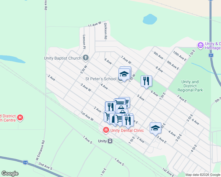 map of restaurants, bars, coffee shops, grocery stores, and more near 220 5 Avenue in Unity