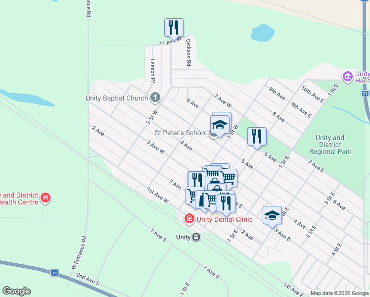 map of restaurants, bars, coffee shops, grocery stores, and more near 280 4 Avenue in Unity