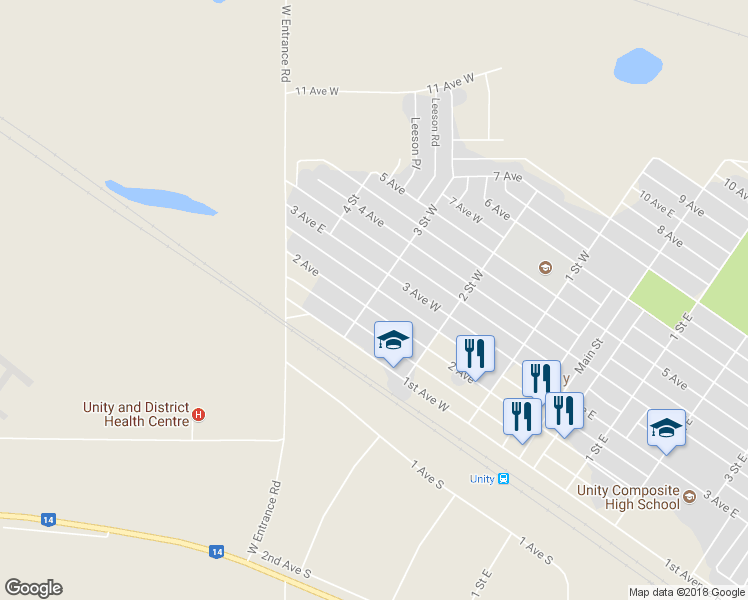 map of restaurants, bars, coffee shops, grocery stores, and more near 397 3 Street West in Unity