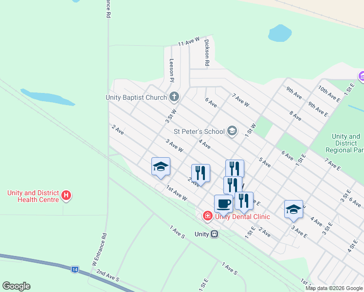 map of restaurants, bars, coffee shops, grocery stores, and more near 311 3 Avenue East in Unity