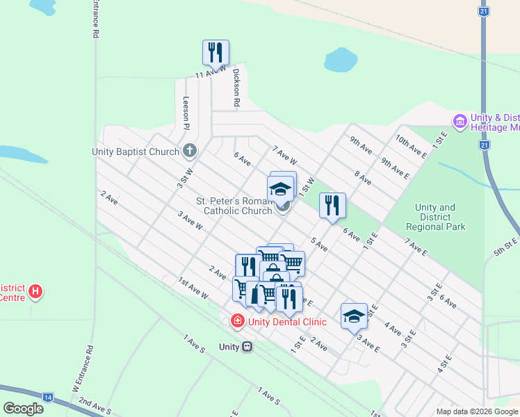 map of restaurants, bars, coffee shops, grocery stores, and more near 220 5 Avenue in Unity