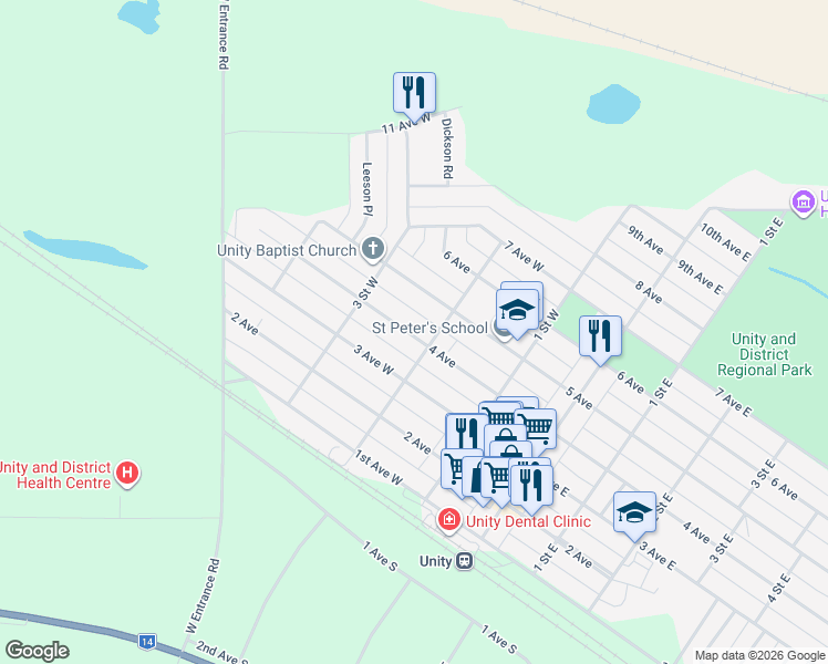 map of restaurants, bars, coffee shops, grocery stores, and more near 311 3 Avenue East in Unity