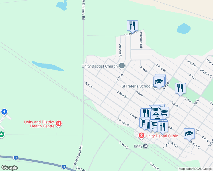 map of restaurants, bars, coffee shops, grocery stores, and more near 397 3 Street West in Unity