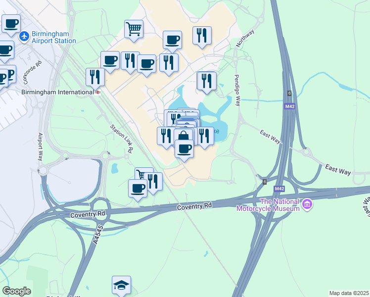 map of restaurants, bars, coffee shops, grocery stores, and more near Pendigo Way in Marston Green