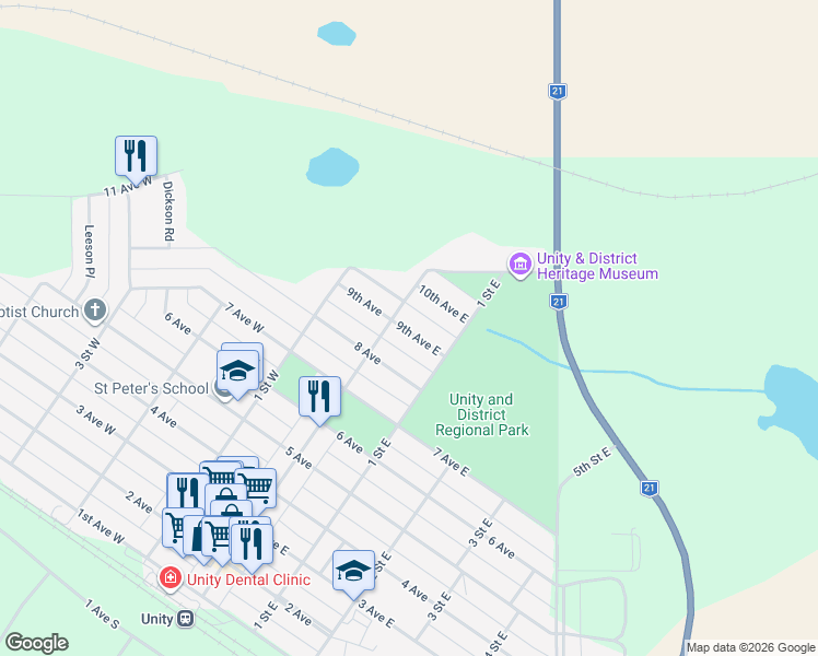 map of restaurants, bars, coffee shops, grocery stores, and more near 121 8 Avenue in Unity