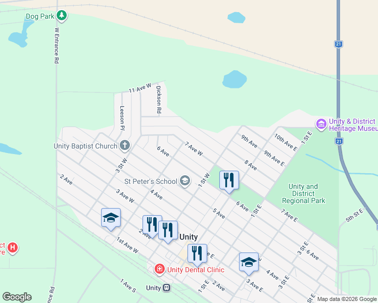 map of restaurants, bars, coffee shops, grocery stores, and more near 233 6 Avenue in Unity