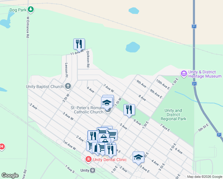 map of restaurants, bars, coffee shops, grocery stores, and more near 233 6 Avenue in Unity