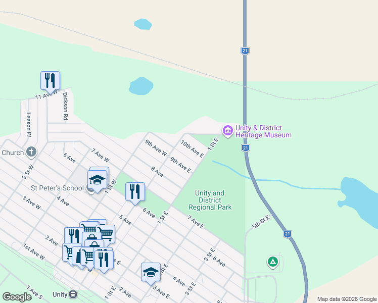 map of restaurants, bars, coffee shops, grocery stores, and more near 133 10 Avenue in Unity