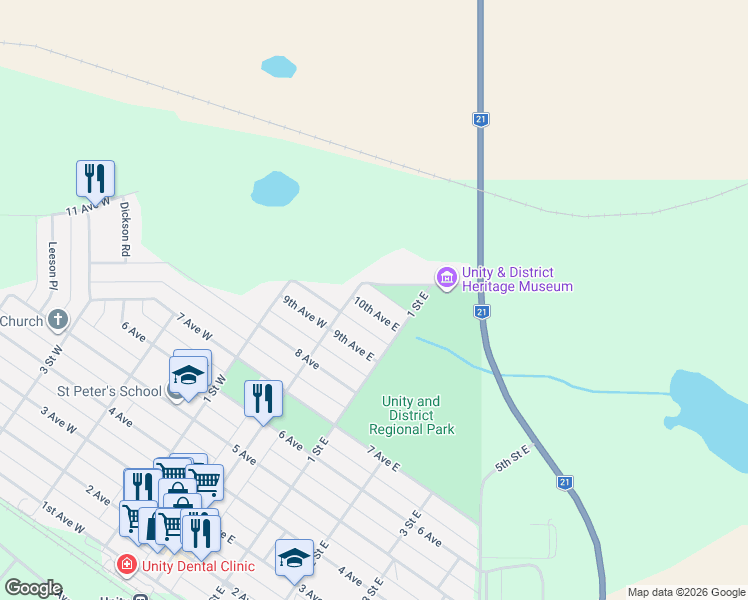 map of restaurants, bars, coffee shops, grocery stores, and more near 133 10th Avenue East in Unity