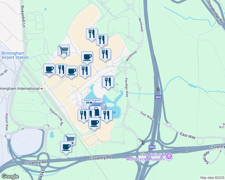 map of restaurants, bars, coffee shops, grocery stores, and more near Pendigo Way in Marston Green