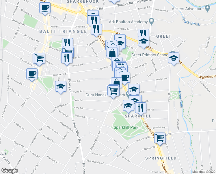 map of restaurants, bars, coffee shops, grocery stores, and more near 22 Belvidere Gardens in West Midlands