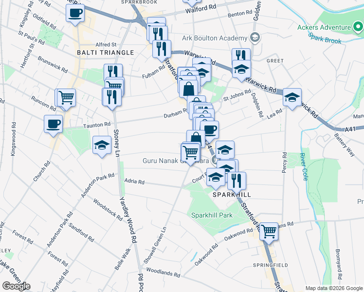 map of restaurants, bars, coffee shops, grocery stores, and more near 22 Belvidere Gardens in West Midlands