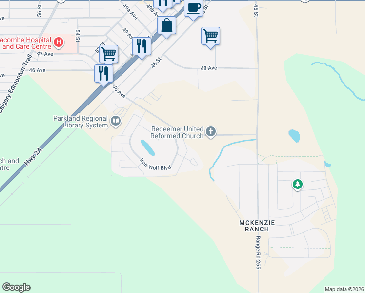 map of restaurants, bars, coffee shops, grocery stores, and more near 88 Iron Wolf Boulevard in Lacombe