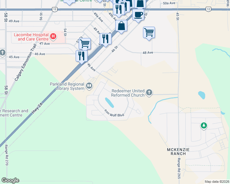 map of restaurants, bars, coffee shops, grocery stores, and more near 14 Iron Wolf Ridge in Lacombe