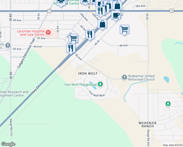 map of restaurants, bars, coffee shops, grocery stores, and more near 4 Iron Wolf Ridge in Lacombe