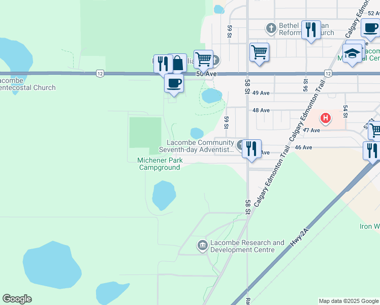 map of restaurants, bars, coffee shops, grocery stores, and more near 5940 C 45 Avenue in Lacombe