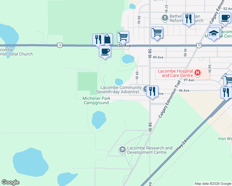 map of restaurants, bars, coffee shops, grocery stores, and more near 5940 45 Avenue in Lacombe