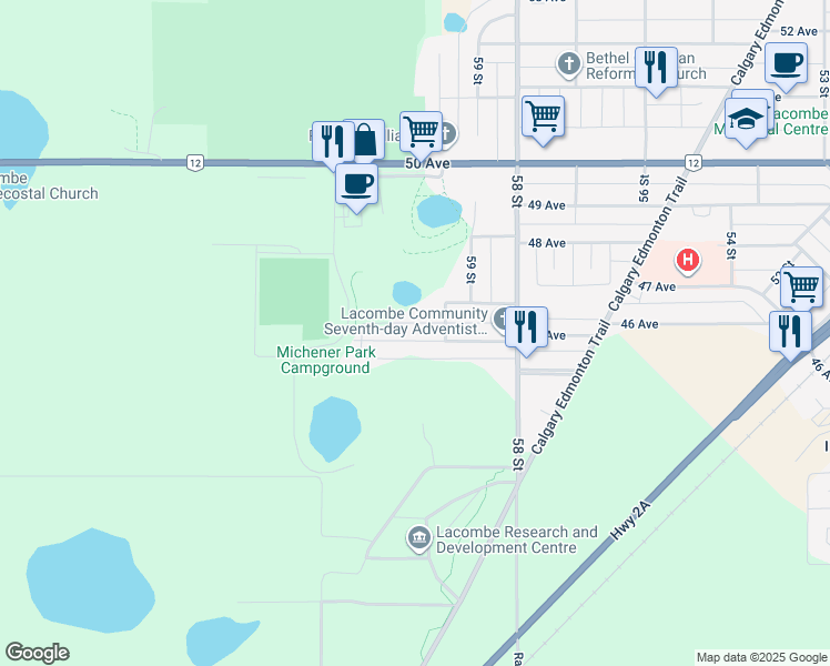 map of restaurants, bars, coffee shops, grocery stores, and more near 4510 60 Street in Lacombe