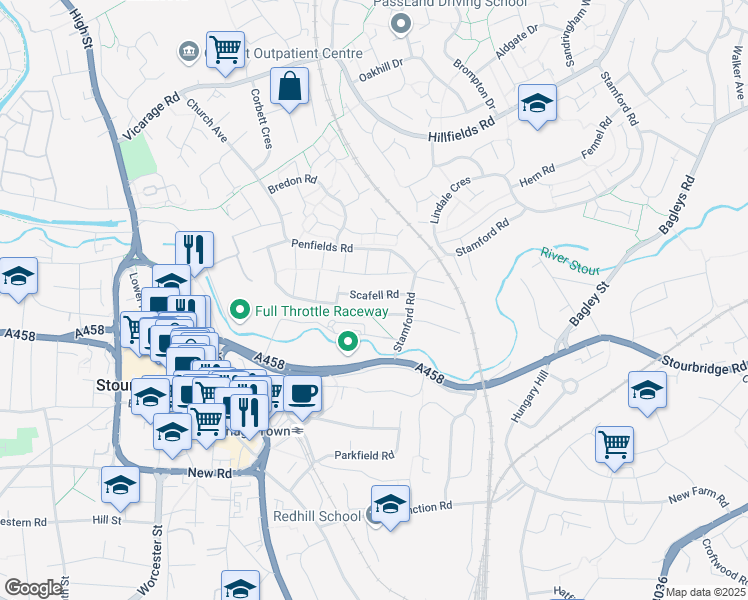 map of restaurants, bars, coffee shops, grocery stores, and more near Scafell Road in West Midlands