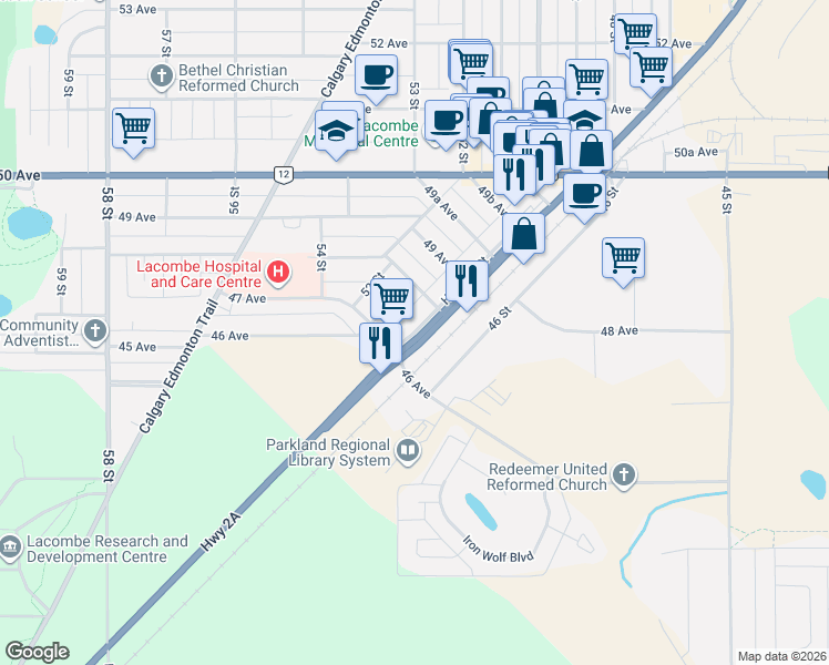 map of restaurants, bars, coffee shops, grocery stores, and more near 4704 Alberta 2 Alternate in Lacombe