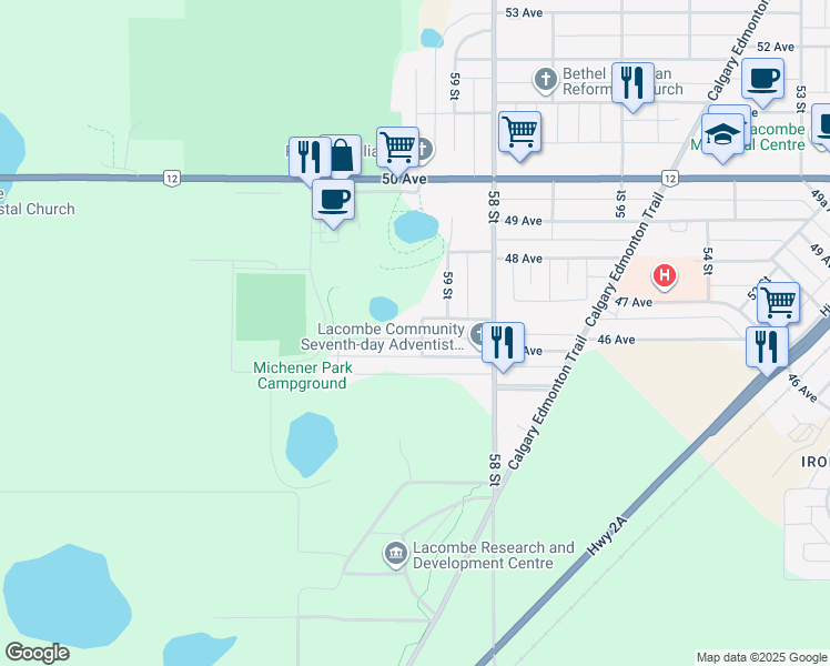 map of restaurants, bars, coffee shops, grocery stores, and more near 4510 60 Street in Lacombe