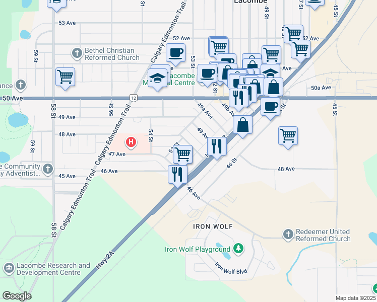 map of restaurants, bars, coffee shops, grocery stores, and more near 4721 48 Avenue in Lacombe