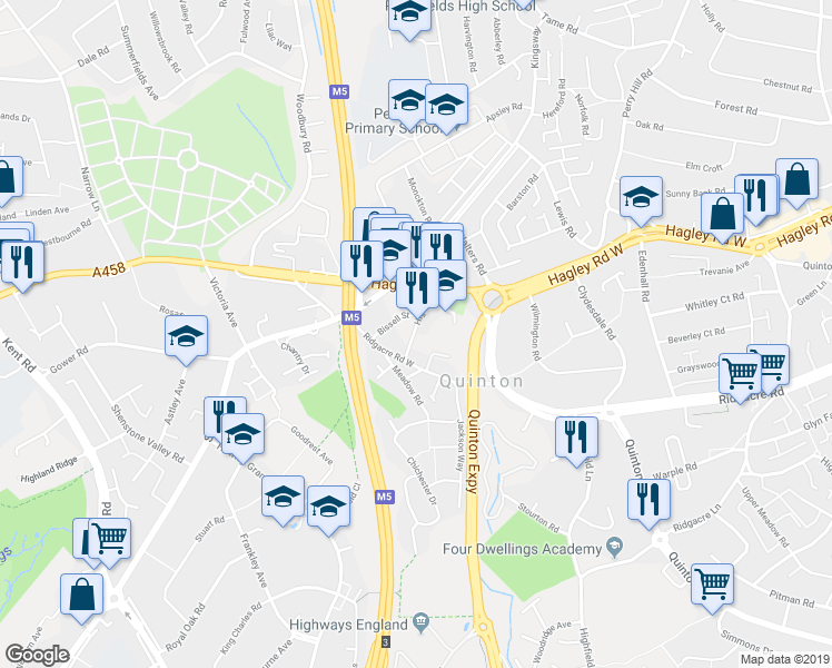 map of restaurants, bars, coffee shops, grocery stores, and more near 40 High Street in Quinton
