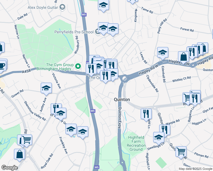 map of restaurants, bars, coffee shops, grocery stores, and more near 40 High Street in Quinton