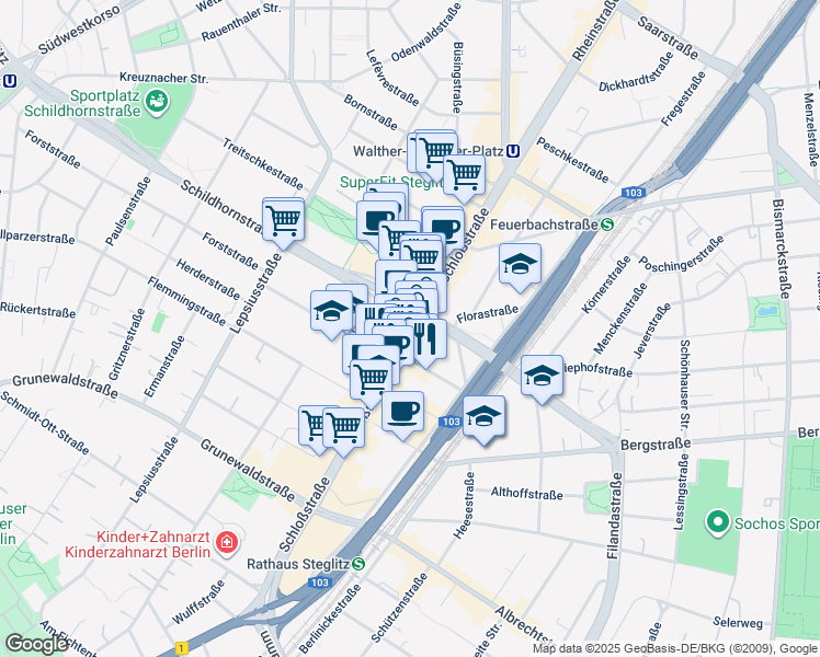 map of restaurants, bars, coffee shops, grocery stores, and more near 17A Schloßstraße in Berlin