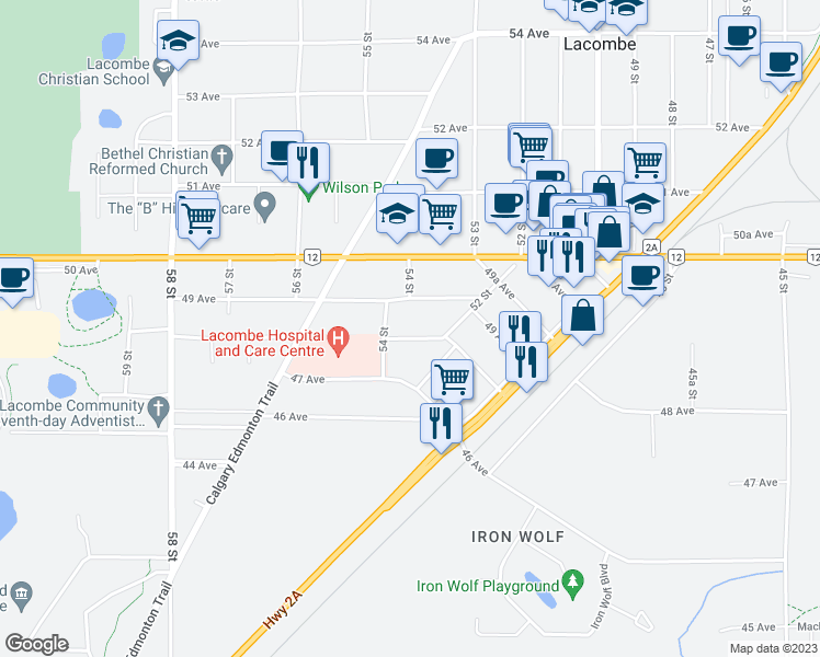 map of restaurants, bars, coffee shops, grocery stores, and more near 5340 48 Avenue in Lacombe