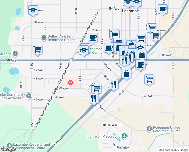 map of restaurants, bars, coffee shops, grocery stores, and more near 4808 52 Street in Lacombe