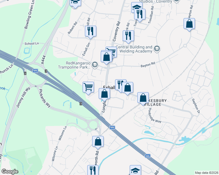 map of restaurants, bars, coffee shops, grocery stores, and more near in Exhall