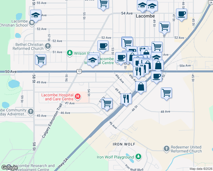 map of restaurants, bars, coffee shops, grocery stores, and more near 5313 49 Avenue in Lacombe