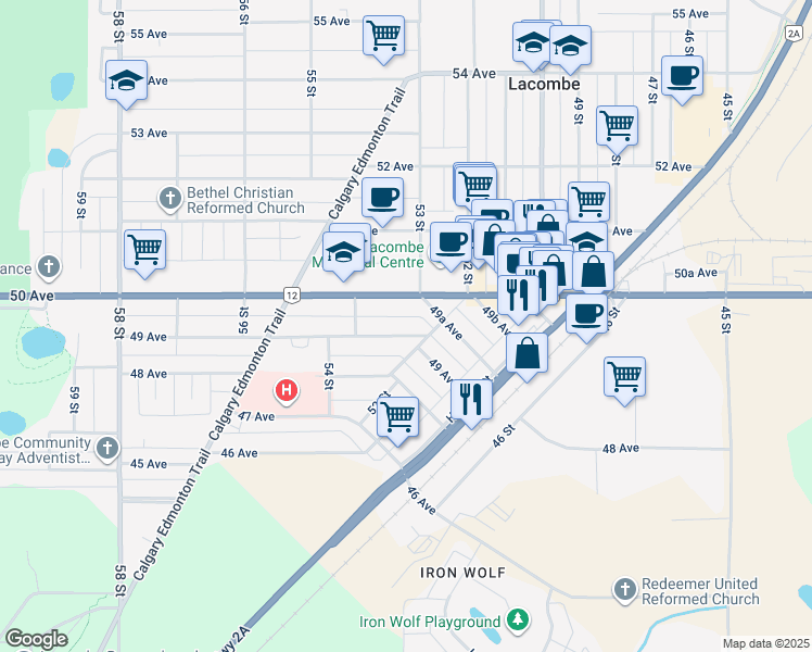 map of restaurants, bars, coffee shops, grocery stores, and more near 5308 49 Avenue in Lacombe