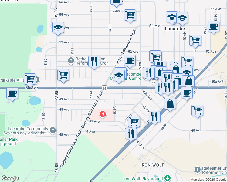 map of restaurants, bars, coffee shops, grocery stores, and more near 5419 50 Avenue in Lacombe