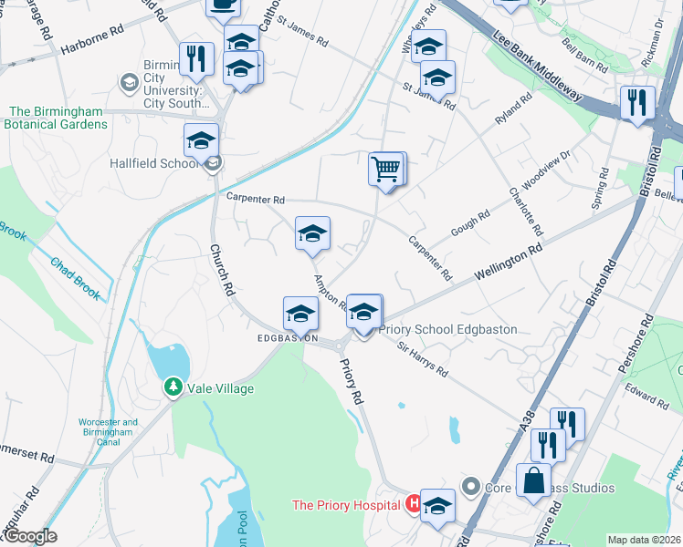 map of restaurants, bars, coffee shops, grocery stores, and more near 22 A47 in West Midlands