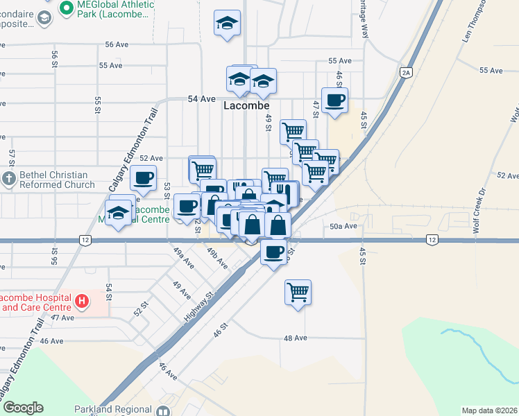 map of restaurants, bars, coffee shops, grocery stores, and more near 5034 49 Street in Lacombe